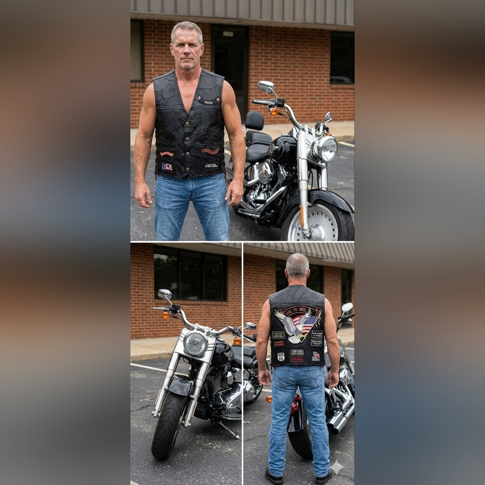 Diamond Plate men M exotic buffalo leather vest moto biker patches embroidered‎